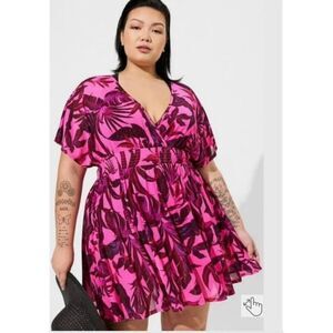Torrid Plus Size 1 Hot Pink Tropical Mesh Smocked Waist Swimsuit Swim Cover Up